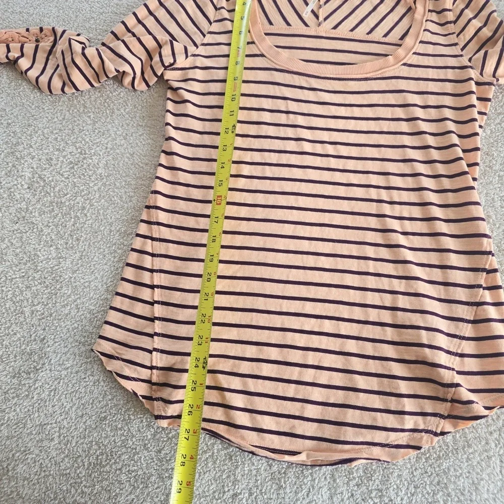 Free People Striped Long Sleeve Top Lace Crochet Sleeve Detail Size M Pink Boho